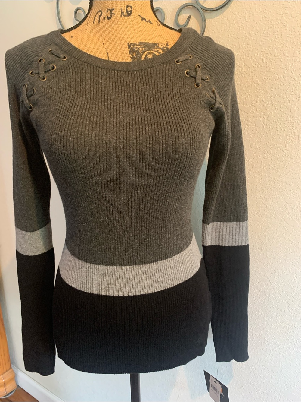 by & by Gray, Light Gray & Black Ribbed Colorblock Lace-Up Shoulder Sweater